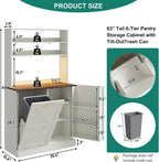 63" H Pantry Cabinets with 10 Gallon Trash Can,Led Light,Outlet,35" W Kitchen Hutch with Tilt Out Trash Can Cabinet,Farmhouse Cupboard with Large Countertop for Living Room,Dining Room,Antique White