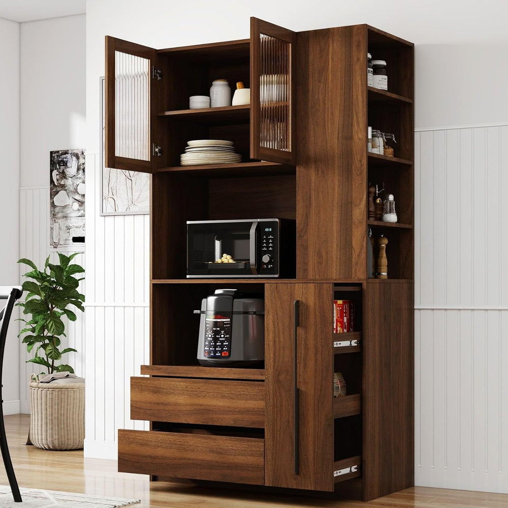 70.87" Kitchen Pantry Cabinet with Microwave Stand, Multi-Tier Pull-Out ...