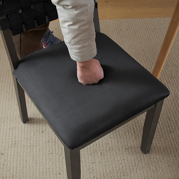 VINGLI Black Woven Wooden Dining Chairs Set of 4,Armless Mid Century Modern Desk Chairs with Rivet&Foot Pegs,Upholstered Farmhouse Comfy Chair No Wheels for Dining Room,Living Room,Kitchen,Oak,Suede