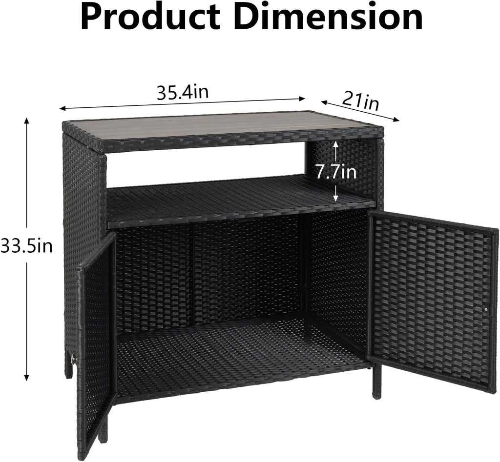 Garvee Patio Outdoor Wicker Storage Cabinet with Shelf, Powder Coated Steel, Patio Bar Table with 2-Door and Shelf, All Weather Resin Wicker, Patio Pool Garden Kitchen, Grey Table