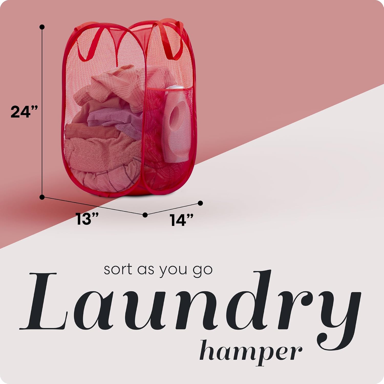 Handy Laundry Collapsible Mesh Pop Up Hamper with Wide Opening and Side Pocket - Breathable, Sturdy, Foldable, and Space-Saving Design for Clothes and Storage (Red)