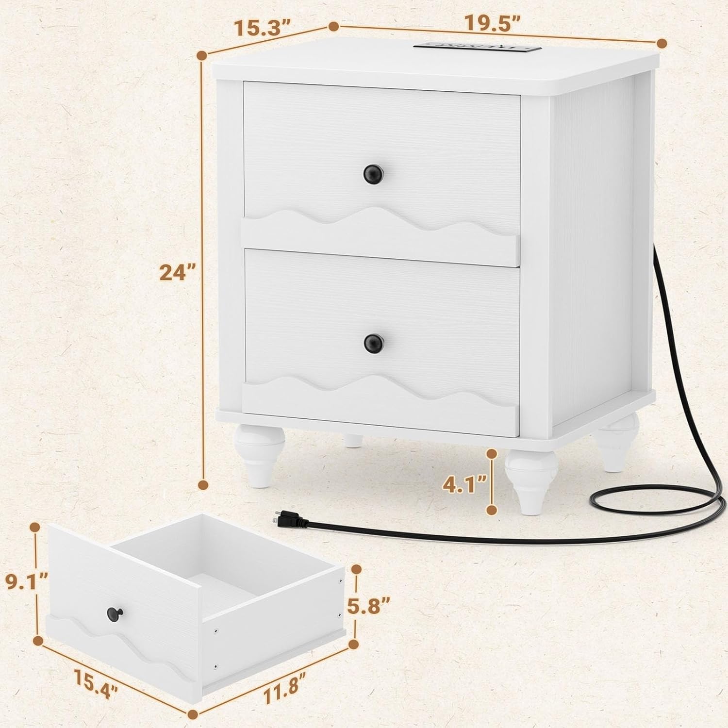 Cyclysio Nightstand Set of 2 with Charging Station, Side End Table with 2 Drawers, Modern Wood Night Stand Set 2 with Scalloped Pattern for Bedroom, Bedside Night Tables with Solid Wood Gourd Legs