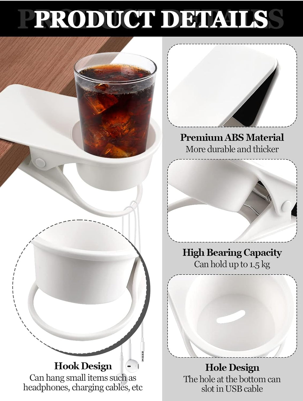 Kalolary Drinking Cup Holder Clip- Chair and Table Bottle Cup Stand DIY Glass Clamp Storage Saucer Clip Water Coffee Mug Holder Saucer Clip Design for Home & Office, White