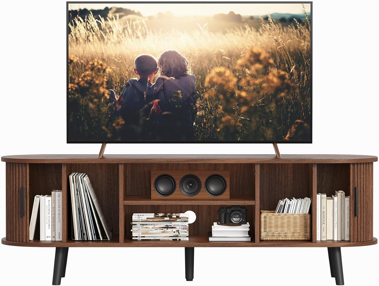 ChooChoo 54" Mid Century Modern TV Stand with Fluted Sliding Doors | Entertainment Center with Hidden Storage and Adjustable Shelf, TV Console for Living Room, Bedroom, Walnut