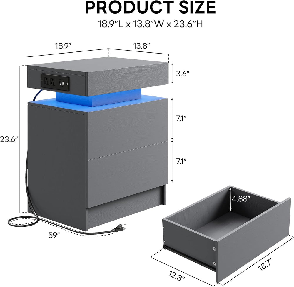 LIKIMIO Nightstand with Charging Station LED Light and 2 Drawers Grey | charg...