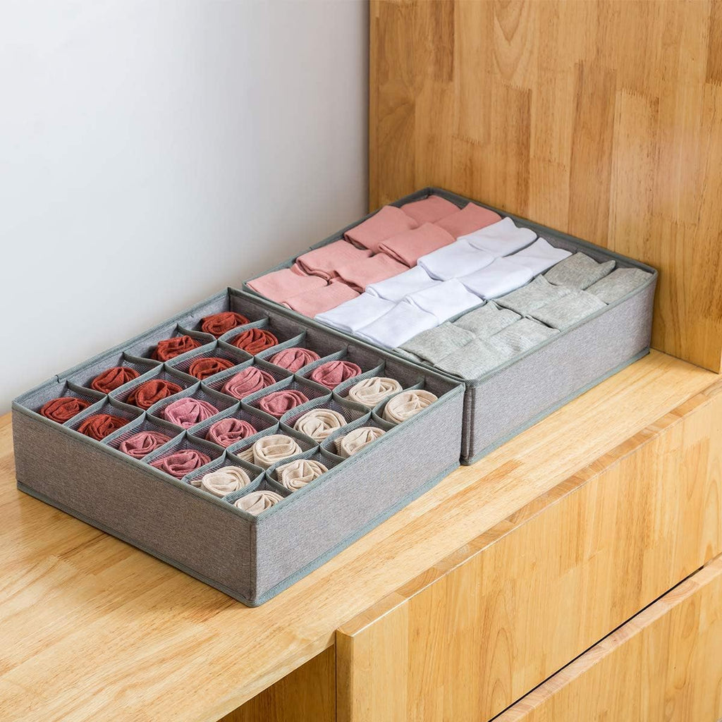 Qozary 2 Pack Socks Underwear Drawer Organizer Divider | 24 Cell, Collapsible, Cabinet Closet Organizer Storage Boxes, For Clothes, Socks, Lingerie, Underwear, Ties