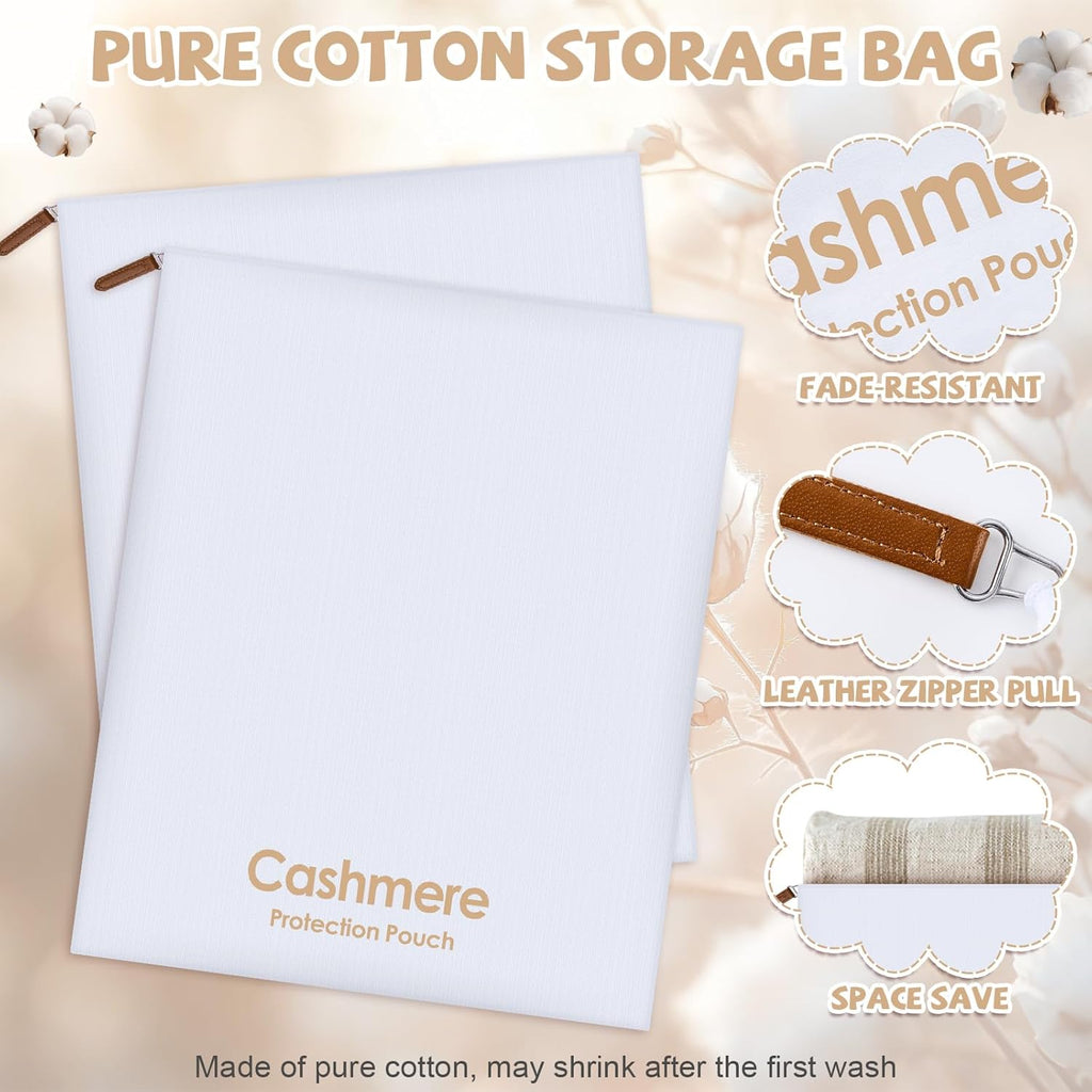 2 Pack Cashmere Sweater Storage Bags, Large Breathable Washable Pure Cotton Zipper Pouch Organizers Covers Bags for Cashmere Wool Sweaters Clothing Saree Storage Protection, 17 x 14 inch