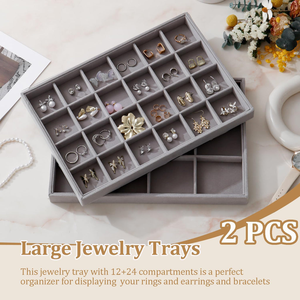 Large Velvet Jewelry Tray 2 Pack Stackable Jewelry Display Drawer Inserts Trays Organizer for Earring Bracelet Necklace Ring (Gray, 12 Grids+24 Grids)