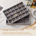 Large Velvet Jewelry Tray 2 Pack Stackable Jewelry Display Drawer Inserts Trays Organizer for Earring Bracelet Necklace Ring (Gray, 12 Grids+24 Grids)
