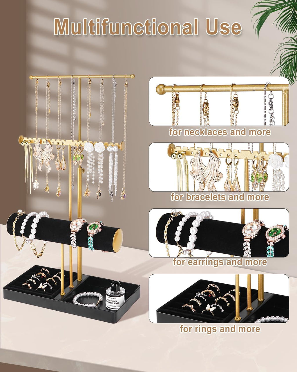 Cirhy Jewelry Organizer Stand, 3 Tier Necklace Holder for Women, Adjustable Jewelry Tree with Velvet Bracelet & Ring Tray, Elegant Jewelry Display for Necklaces, Bracelets, and Earrings（Black）