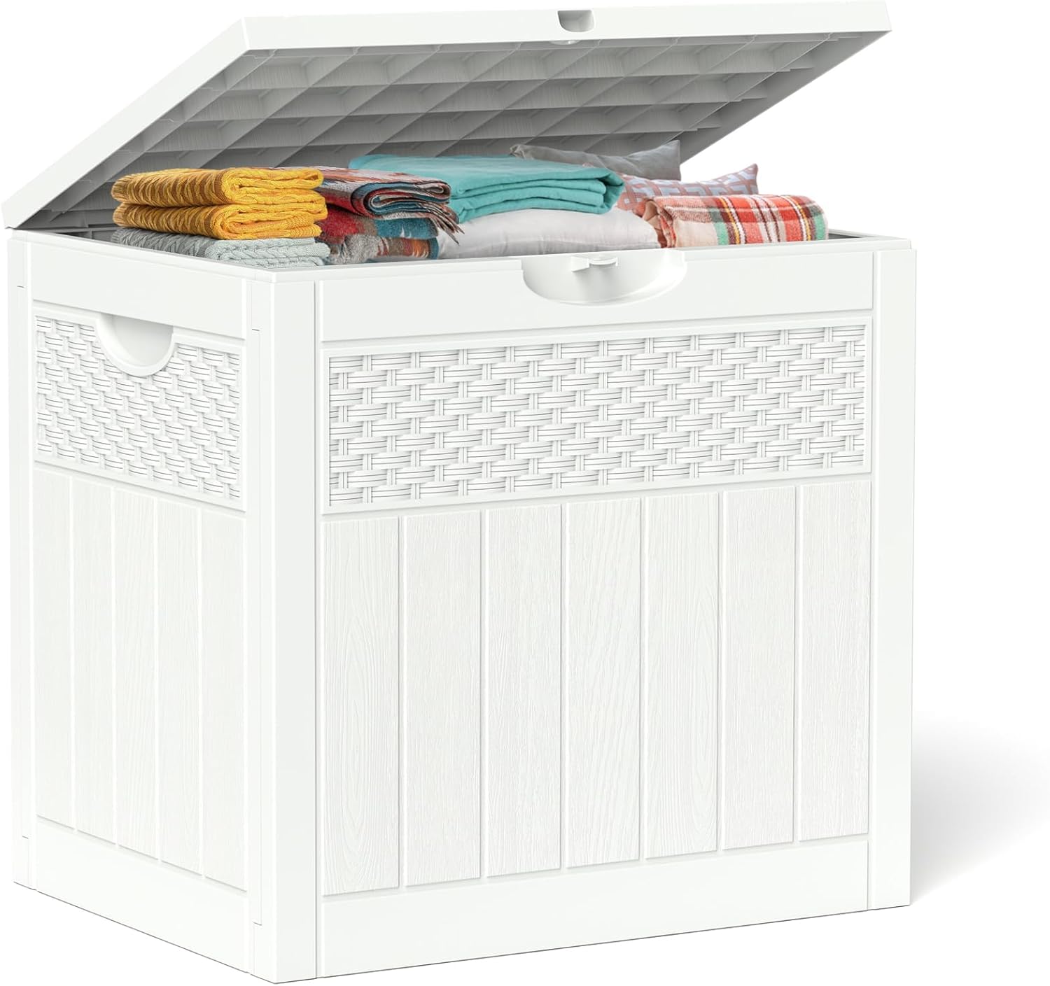 ZYJOYY 33 Gallon Resin Deck Box, Weatherproof Outdoor Storage Box for Patio, Garden and Yard, Lockable Waterproof Bin for Tools, Cushions, and Accessories, White