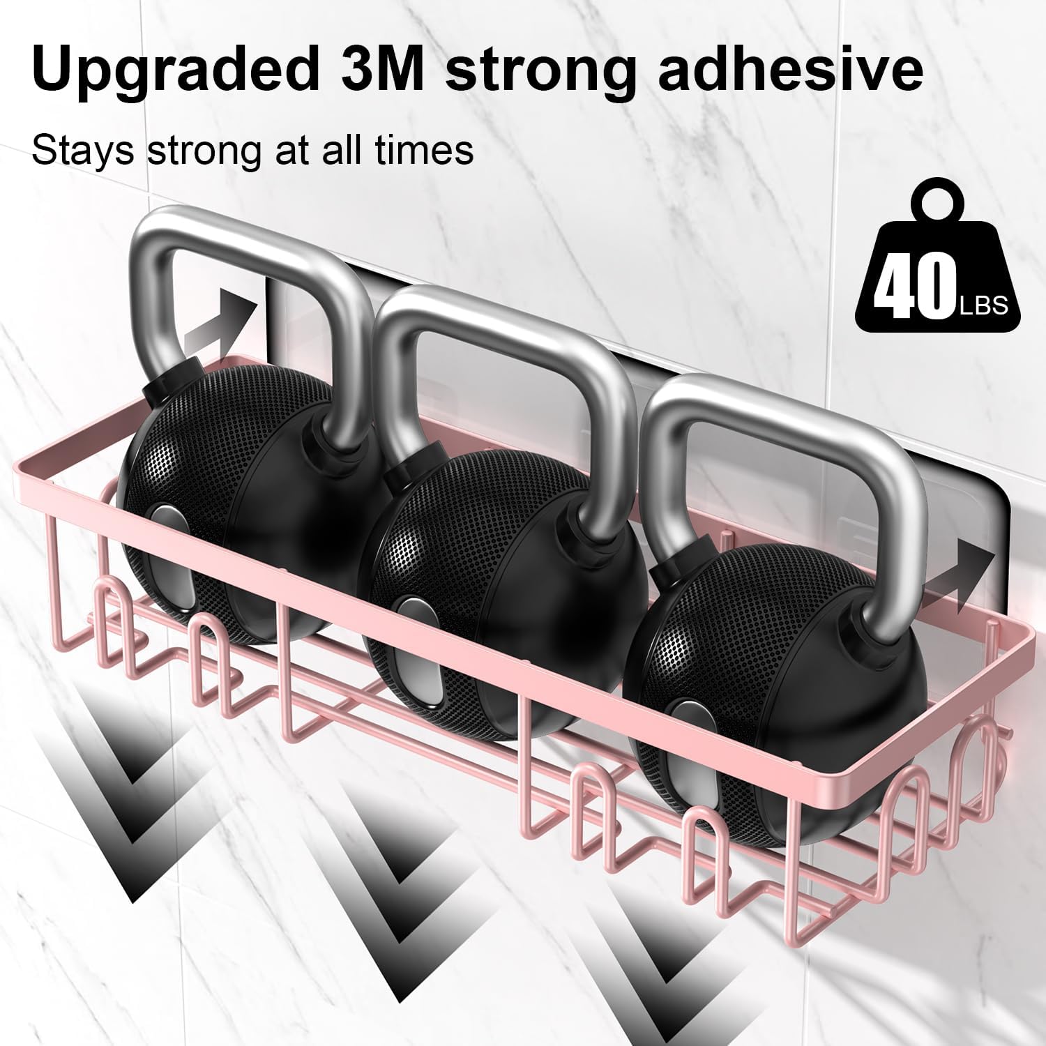 2025 New Adhesive Shower Caddy, Shower Shelves with 16 Hooks, Pink 2 Pack