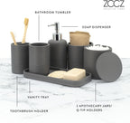 ZCCZ Gray Bathroom Accessories Set 6 Pieces - Toothbrush Holder, Lotion Dispenser, Qtip Container, Vanity Tray, Tumbler - Countertop Organizer for Bathrooms - Elegant and Functional Décor Set