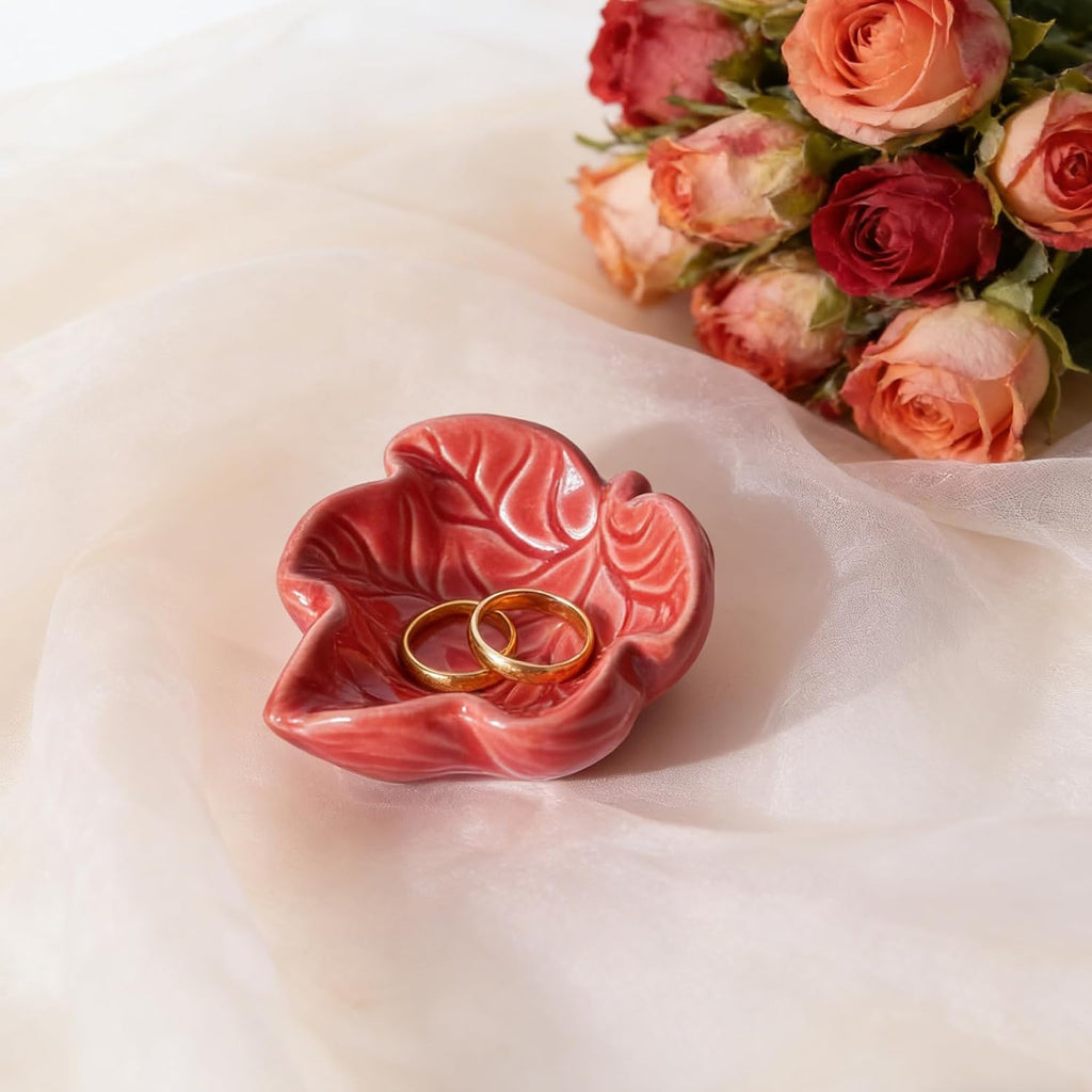 3.5' Red Cute Leaves Ceramic Jewelry Tray for Dressing Table | Petite Bowl Keeps Rings, Earrings, Keys, and Keepsakes Visible on Vanities or Dressers, Making a Sweet Gift for Women