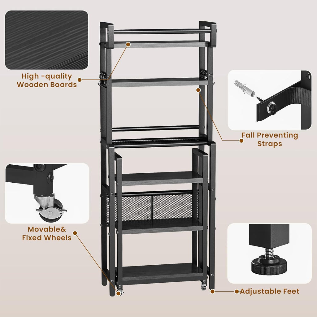 Recaceik 6-Tier Over The Toilet Storage Shelf with Cart, Freestanding Above Toilet Shelf Rack, Farmhouse Bathroom Organizer Shelves, Space Saver (Black)