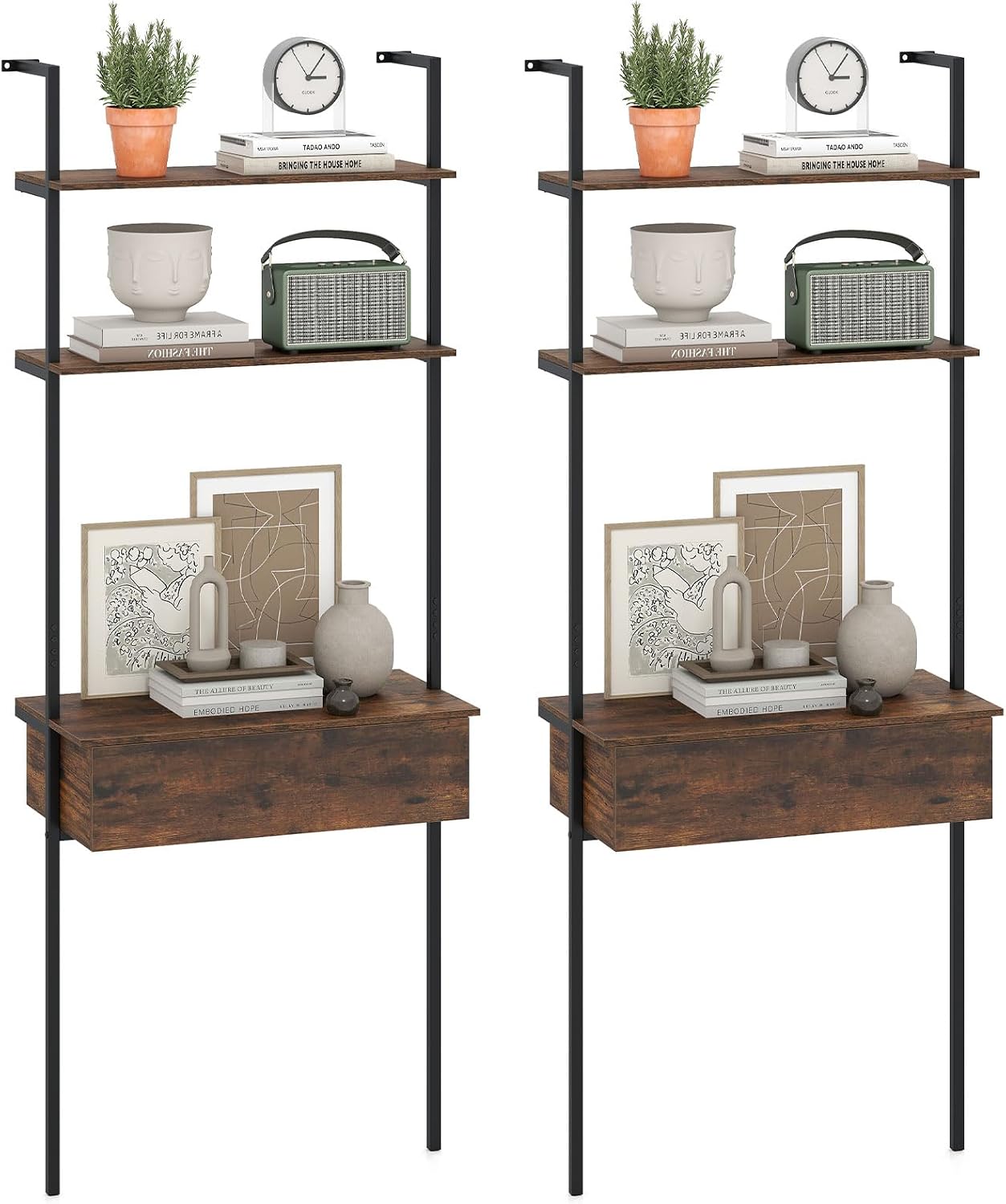 Giantex 4-Tier Ladder Bookshelf Set of 2, Wall Mounted Storage Shelf | Industrial Open Display Shelf w/2 Anti-Tipping Kits, Drawer & Metal Frame, Compact Storage Organizer for Living Room, Office