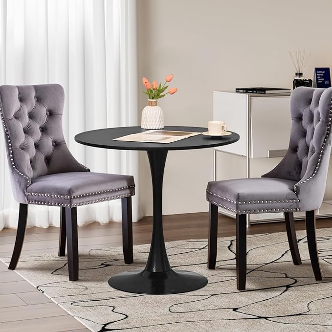 3-Pieces 31.5" Round Dining Table Set for 2, Black Dining Table & 2 Velvet Upholstered Dining Chairs for Kitchen Dining Room Apartment Small Space(Black Table & Grey Chairs)