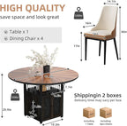 47" Round Dining Table Set for 4-6 People, Large Farmhouse Kitchen Dining Table Set with Chairs and Storage Rack, Metal Base Round Table for Home Dining Room Living Room (Cat table and 4 brown chairs)