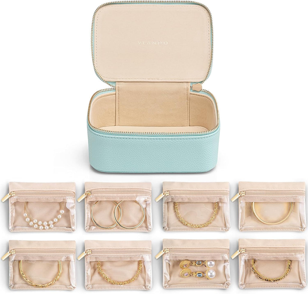 Vlando Jewelry Travel Organizer with 8 Velvet Jewelry Bags Travel Jewelry Storage Box Jewelry Case for Necklace Rings Earrings Trendy Christmas Birthday Graduate Gifts for Women-Lake Blue