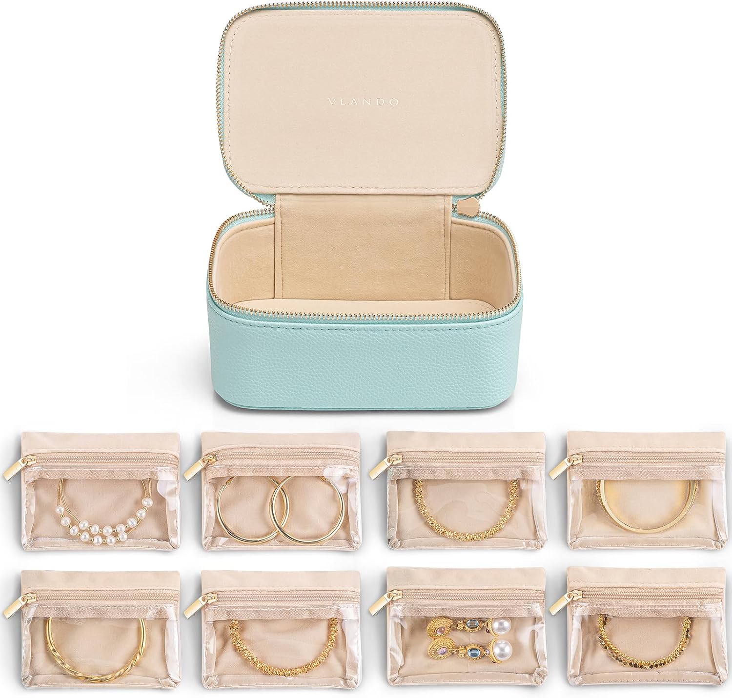 Vlando Jewelry Travel Organizer with 8 Velvet Jewelry Bags Travel Jewelry Storage Box Jewelry Case for Necklace Rings Earrings Trendy Christmas Birthday Graduate Gifts for Women-Lake Blue