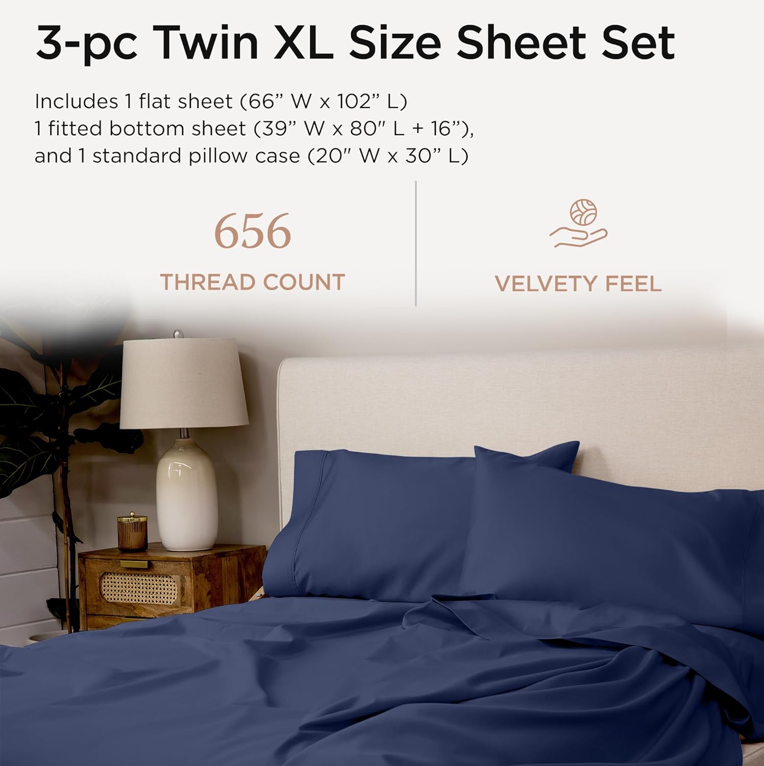 Threadmill Twin XL Sheet Sets |656 Thread Count 100% Supima Cotton Sheets for Twin XL Mattress | 16” Deep Pocket | Soft 3-Piece Cooling Sheet Set | Folkstone Blue