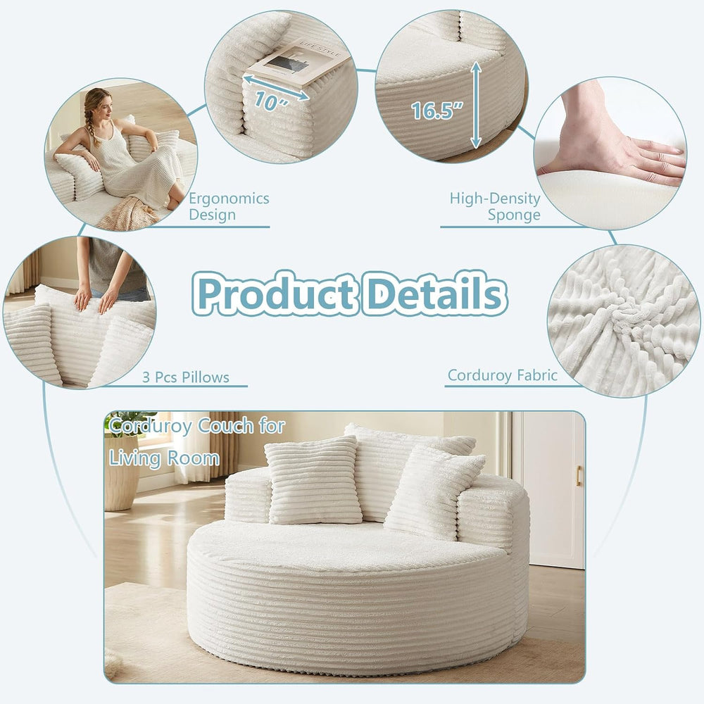 LUCKHAO 55'' Oversized Round Chair Lounge Chaise Indoor, Cloud Cordur...