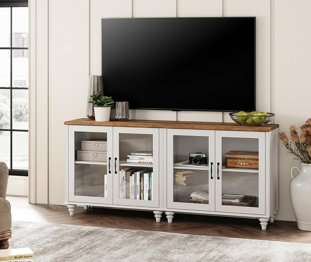 WAMPAT White TV Stand for 75 inch TV with 4 Glass Doors, Morden Wood Universal TV Cabniet with Ample Storage Cabinets, Farmhouse Entertainment Center TV Console Table for Living Room, Bedroom, 68"