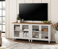 WAMPAT White TV Stand for 75 inch TV with 4 Glass Doors, Morden Wood Universal TV Cabniet with Ample Storage Cabinets, Farmhouse Entertainment Center TV Console Table for Living Room, Bedroom, 68"