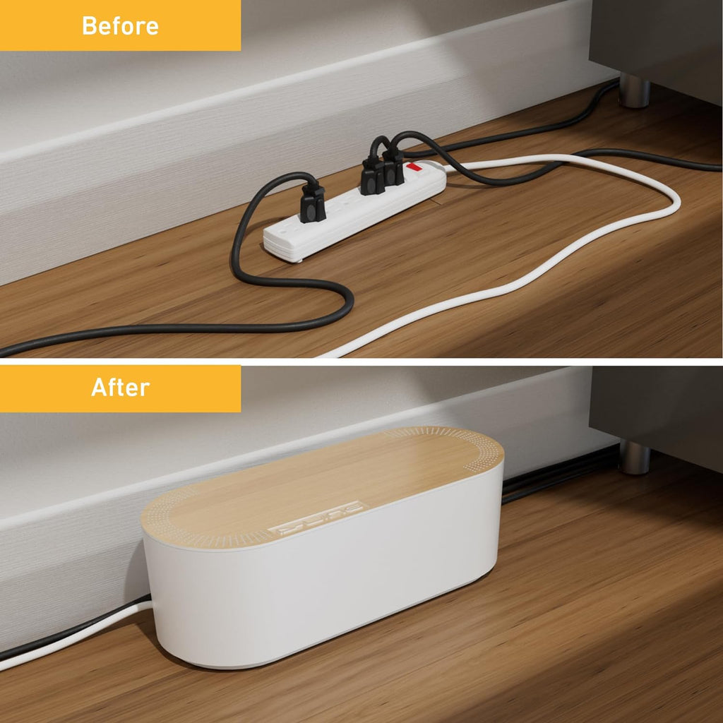D-Line Cable Management Box, Power Strip Holder, Floor Outlet Hiders, Desk Cord Organizer, Cover TV Wires, Wire Storage, Extension Hider, Office Concealer for Cords - Small, Wood-Effect Lid