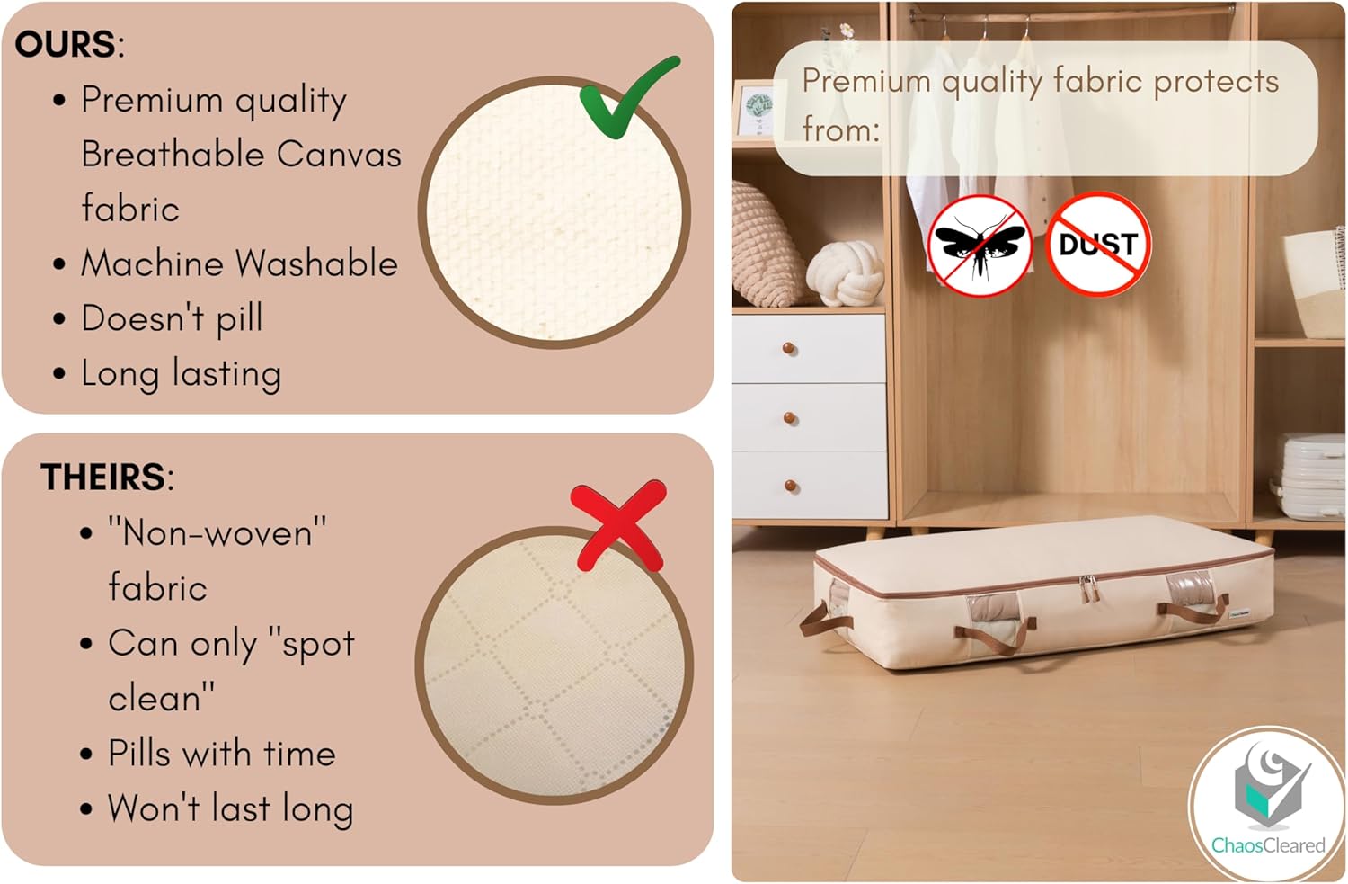 Under Bed Storage Bags 2 Pack - Low Blanket Storage Containers for Bedding, Linens & Sweaters, Made from Canvas, Extra Durable & Perfect Space Saving Solution, 38"L x 19"W x 6"H, Beige