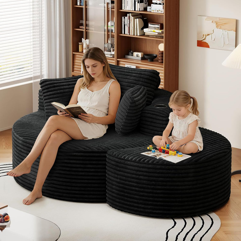 Oversized Round Chaise Longue Chair with Ottoman, Modern Corduroy Deep Seat C...