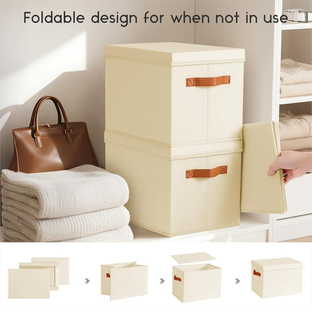 Storage Bins with Lids - Large Fabric Closet Bins with Lid, 6 Pack Clothes Organizers and Storage, Collapsible Stackable Cube Basket for Home, Office, Dorm, Beige
