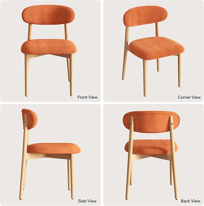 Wooden Dining Chair Set of 1, Modern Dining Chairs with with Curved Back, Fabric Upholstered Kitchen Dining Room Chairs with Adjustable Legs for Farmhouse Dining Living Room,Orange