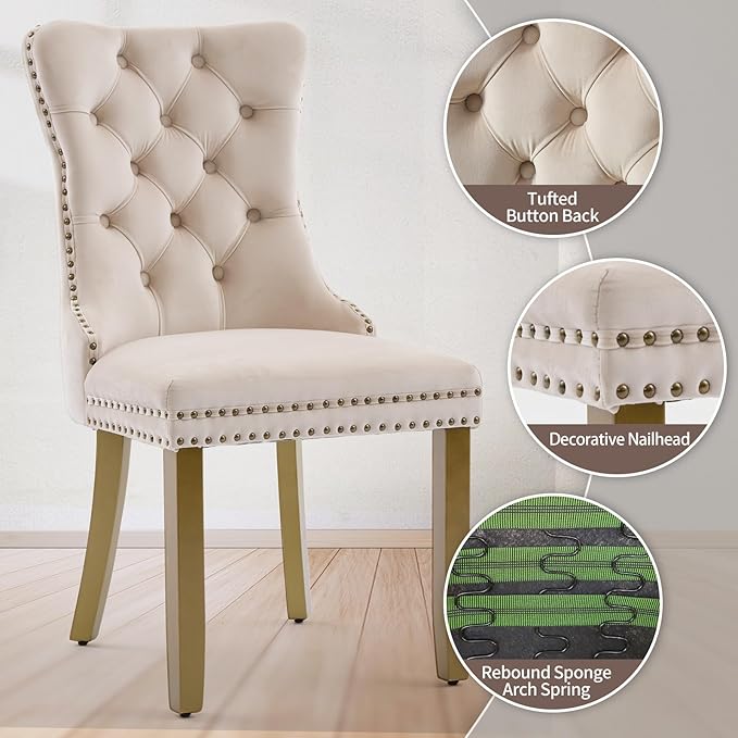 Beige Velvet Dining Chairs Set of 4, Upholstered with Lion Head Pulls and Golden Solid Wood Legs, Modern Button Tufted Kitchen Chairs for Dining Room