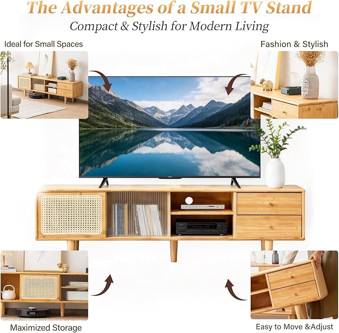 Tiita Rattan TV Stand for 55 65 Inch TV, Bamboo TV Cabinet with 2 Drawers, Boho Entertainment Center with Adjustable Shelf, Mid Century Modern Media Console for Bedroom, Living Room, Wood