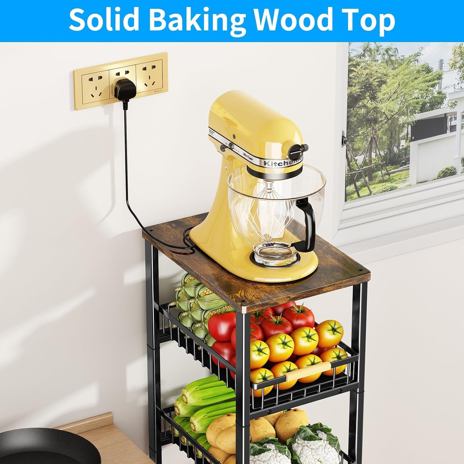 Fruit Vegetable Storage Basket for Kitchen, 4 Tier Large Pull-Out Metal Wire Baskets with 3 Pack Mats Bottom, Wood Top and Wheels, Vegetable Produce Bins Stand Cart Rack for Onions and Potatoes