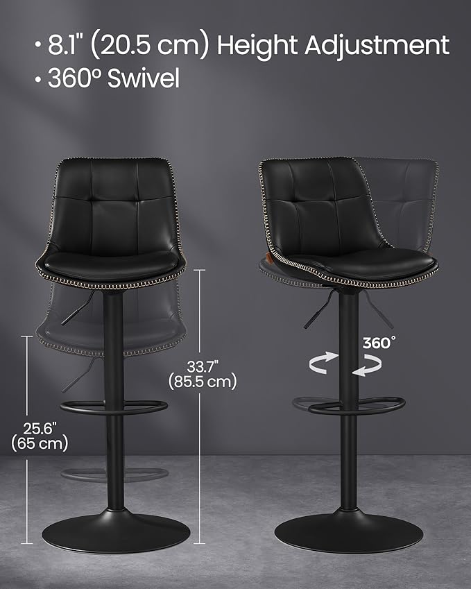 VASAGLE Bar Stools, Set of 2 Swivel Bar Chairs, Adjustable Height, Quilt, Syn...