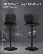 VASAGLE Bar Stools, Set of 4 Swivel Bar Chairs, Adjustable Height, Quilt, Synthetic Leather Kitchen Stools with Back and Footrest, Dining Room, Counter, Steel, Ink Black ULJB095BH01-2J