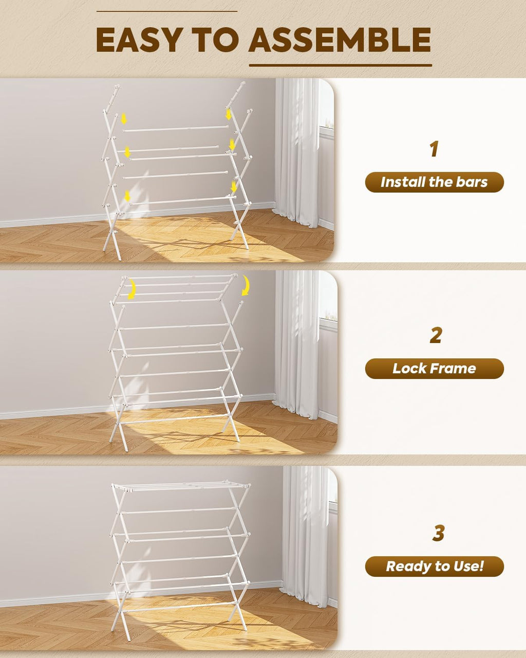 KINGBOARD Clothes Drying Rack, Collapsible Drying Rack Clothing with 11 Poles, 3-Tier Laundry Drying Rack, Small Clothes Drying Rack Foldable for Baby Clothes Sock Towel, 25lb Capacity, White