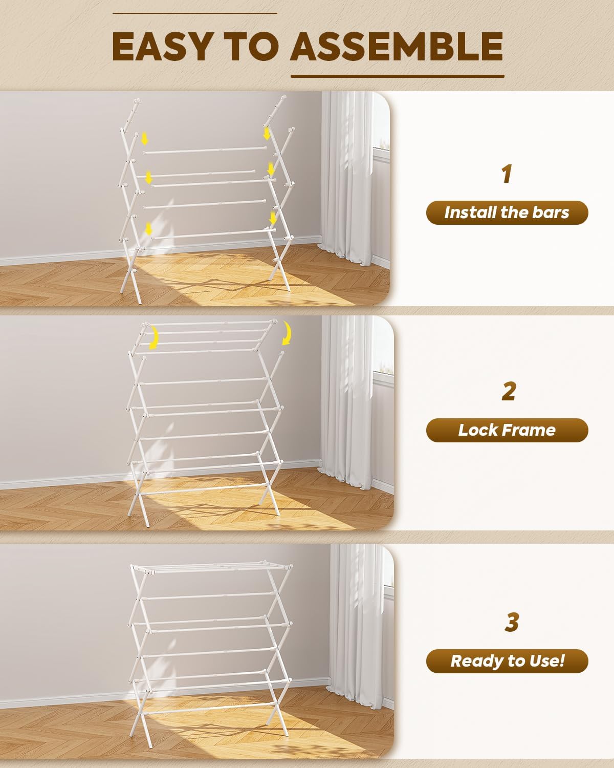 KINGBOARD Clothes Drying Rack, Collapsible Drying Rack Clothing with 11 Poles, 3-Tier Laundry Drying Rack, Small Clothes Drying Rack Foldable for Baby Clothes Sock Towel, 25lb Capacity, White