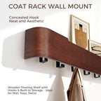 Wall Coat Rack Floating Shelves Modern Coat Rack Wall Mount with Storage Entryway Shelf Wooden Hanger 20 Inch 4 Hidden Metal Hooks for Living Room Bedroom (Walnut Color, 5 Hooks)