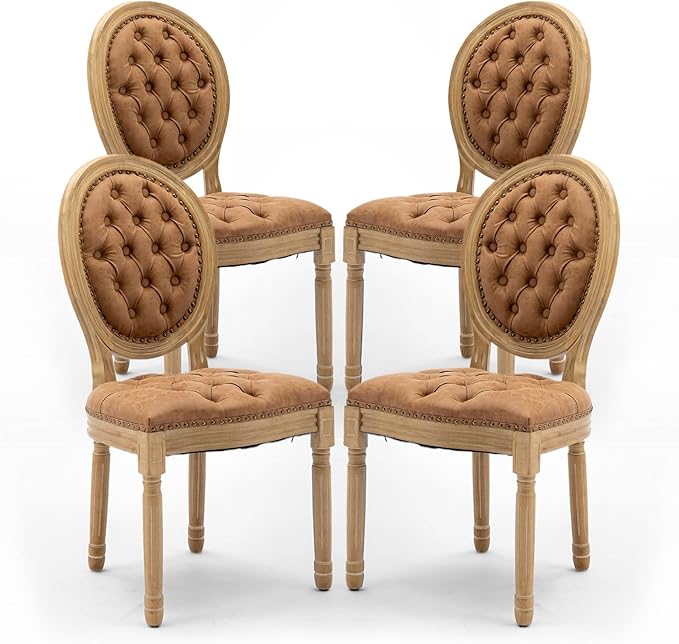 PU Leather Upholstered Dining Chairs Set of 4 French Country Round Back Kitchen Side Chairs with Nailhead Trim and Wood Legs for Dining Room, Kitchen, Restaurant(Orange)