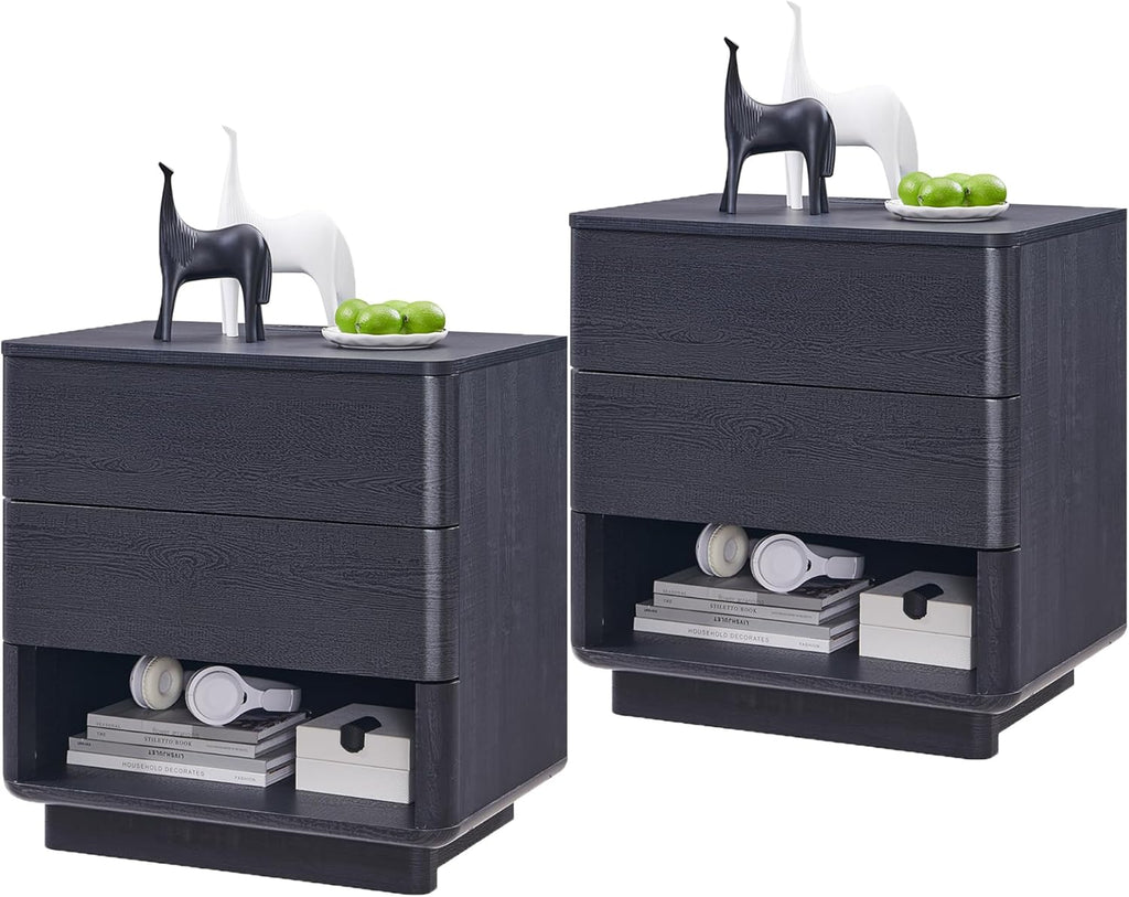 ACCOHOHO Nightstand Set of 2 with Charging Station, 22" Large Modern Bedside Table with 2 Drawers Storage,Push-to-Open End Table for Bedroom,Living Room,Black