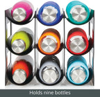 mDesign Plastic Water Bottle Organization/Wine Rack Storage Organizer for Kitchen Countertops, Cabinet, Bin, Pantry, Fridge, Refrigerator, 3 Tiers, 9 Bottles, Lumiere Collection - Black