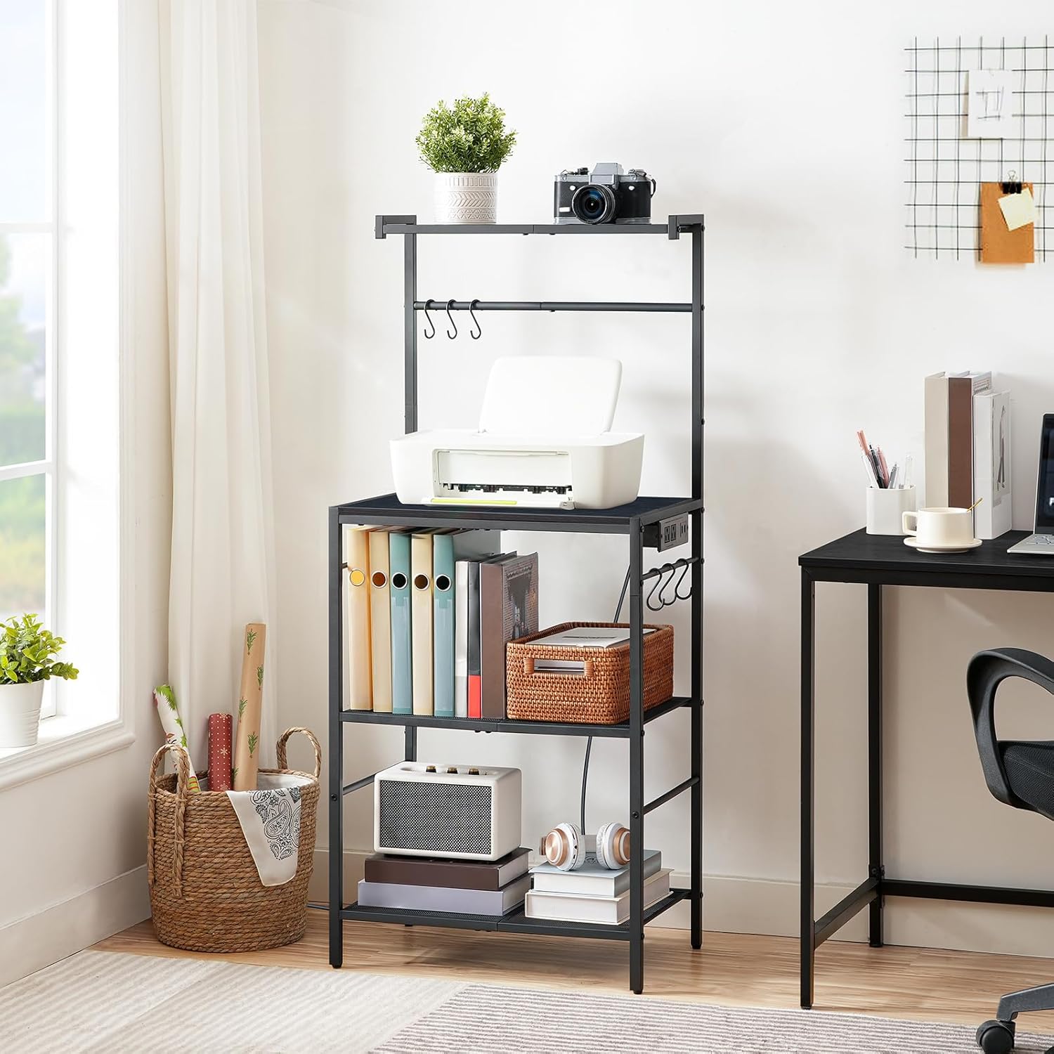 MAHANCRIS Bakers Rack with Power Outlet, Kitchen Storage Shelf with 6 Hooks, Microwave Stand with Storage, 4-Tier Coffee Bar Station, for Kitchen, Dining Room, Black BRBK35E01