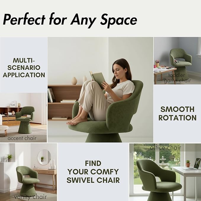 360° Swivel Dining Chair with Arms, Chenille Upholstered Barrel Accent Kitchen Chairs with Hollow High Back for Dining Room, Vanity Chair for Bedroom, Moss Green, 1PC