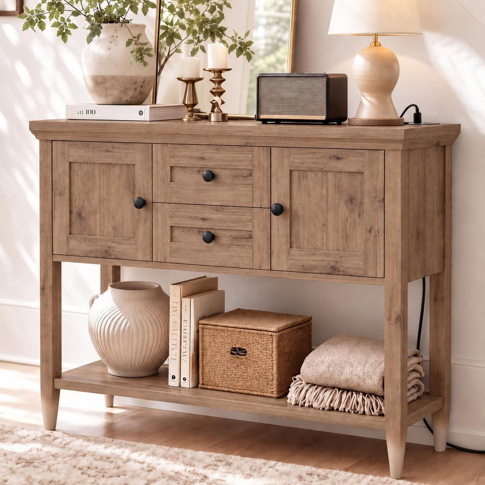 Unikito Farmhouse Console Table, Entryway Table with Drawers & Cabinets