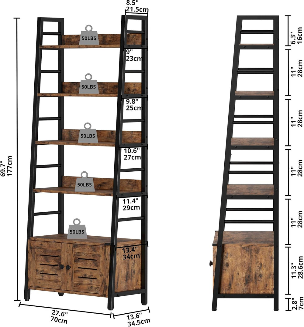 IRONCK 4 Tier Ladder Bookcase with Louvered Doors Rustic Brown