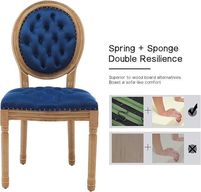 French Country Dining Chairs Set of 8, Blue Kitchen & Dining Room Chairs, Velvet Kitchen Chairs, Tufted Upholstered, Wood Legs, Sillas De Comedor (Velvet, Blue, 8 Pcs)