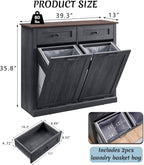 Double Tilt Out Laundry Hamper Cabinet, 20 Gallon Farmhouse Trash Can Cabinet with Drawer, Hidden Wood Garbage Can Bin Cabinet with Laundry Storage Basket for Bathroom, Kitchen, Dark Grey